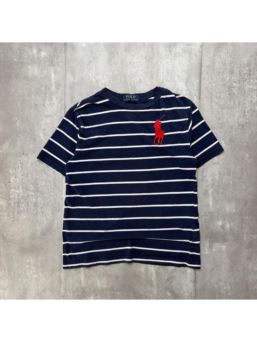 Y2K Navy Polo Ralph Lauren Big Pony Striped Distressed T-Shirt